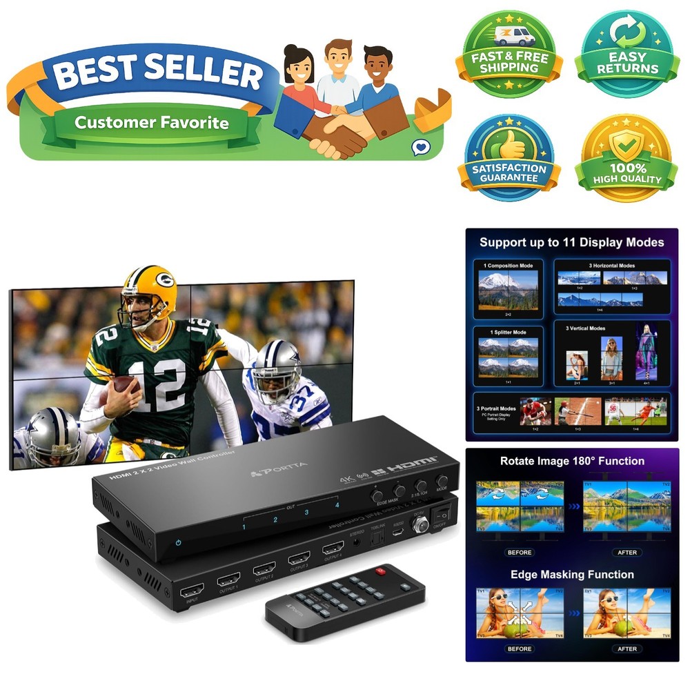 HDMl Video Wall Controller 2x2 4K, Video Wall Processor with 11 Splicing Mode...