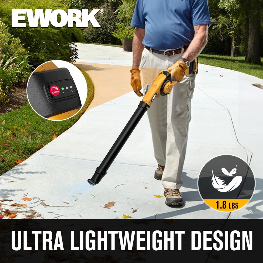 EWORK Small Leaf Blower Cordless 21V 130CFM/200MPH 2*2.0Ah Battery, Yellow