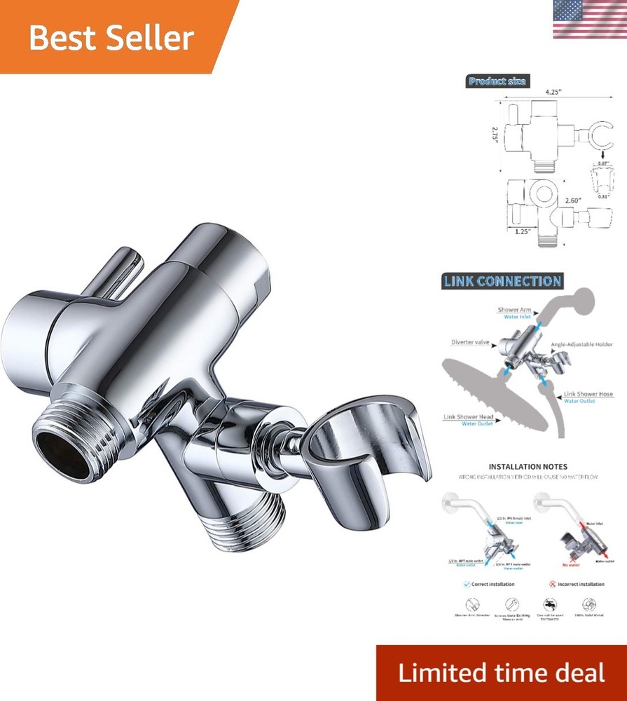 Polished Chrome 3-Way Shower Diverter with Holder - Solid Metal Construction