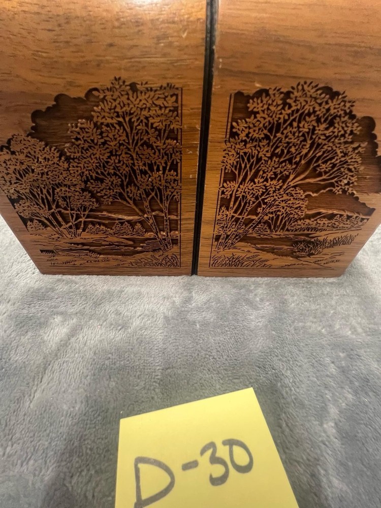 Lasercraft - Vintage Pair Of Solid Walnut Bookends Laser-Engraved Tree Scene