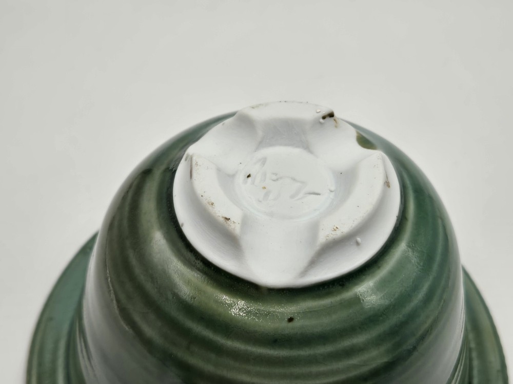 Ceramic Planter Celedon Green Ribbed Design Footed Signed