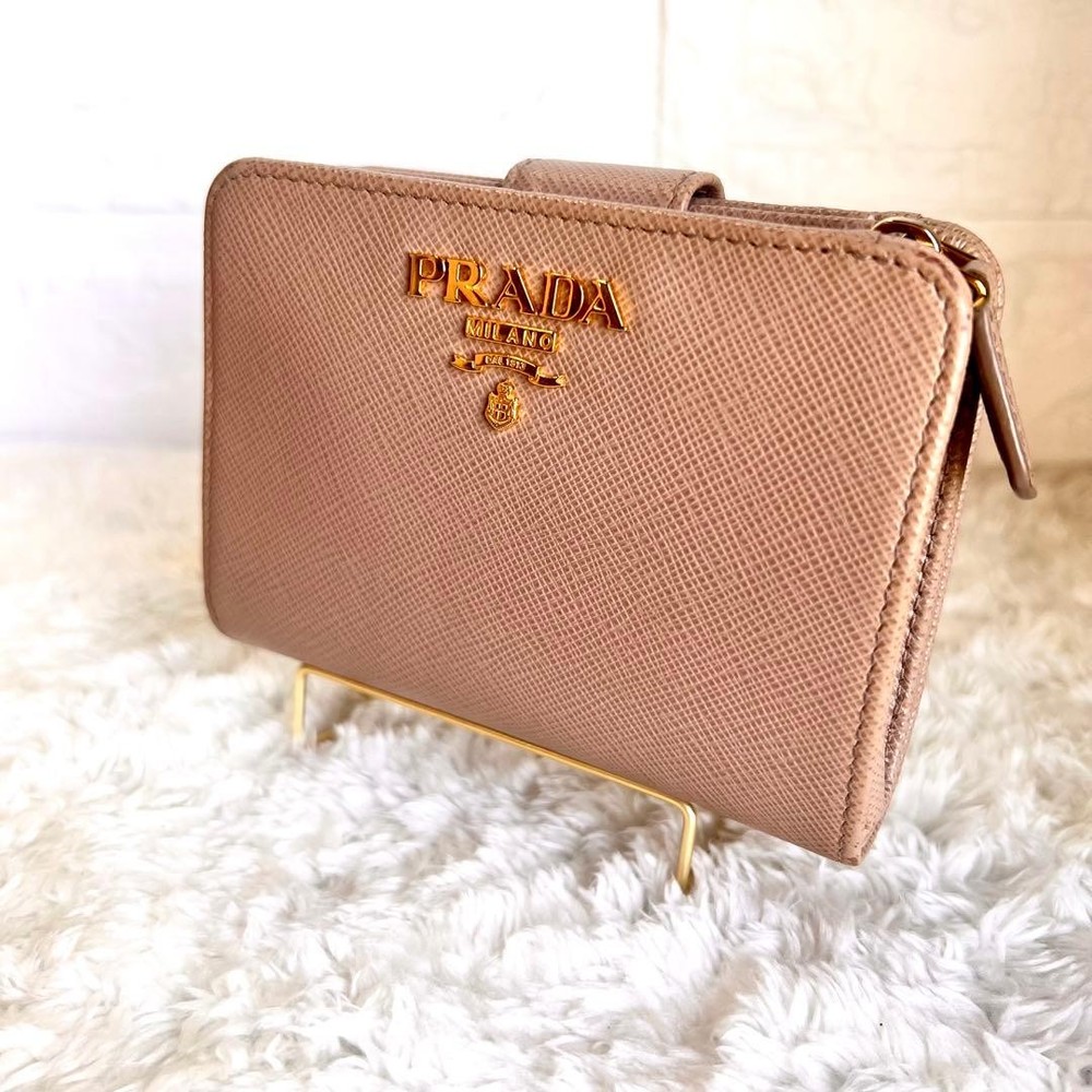 PRADA Wallet Two-Fold Saffiano Beige Pink