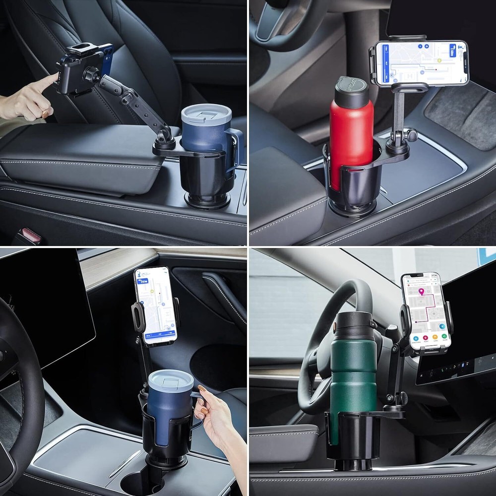 2in1 Car Cup Holder Expander Phone Mount w/Adjustable Base 360°Rotation