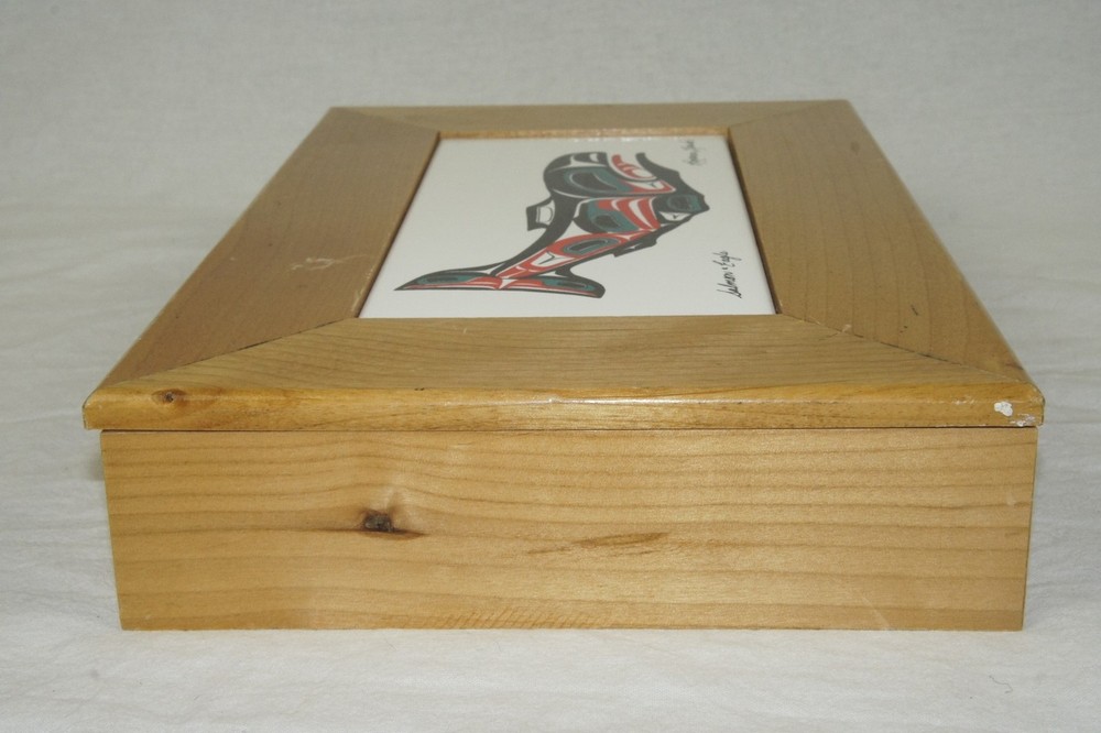 ROXANA LEASK SALMON EAGLE WOOD BOX CERAMIC TILE ART