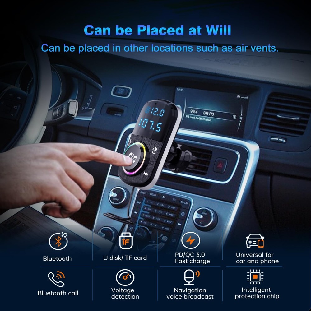 FM Transmitter, Hands Free Car Phone Kit Bluetooth, BC71 48W-Cable-Black