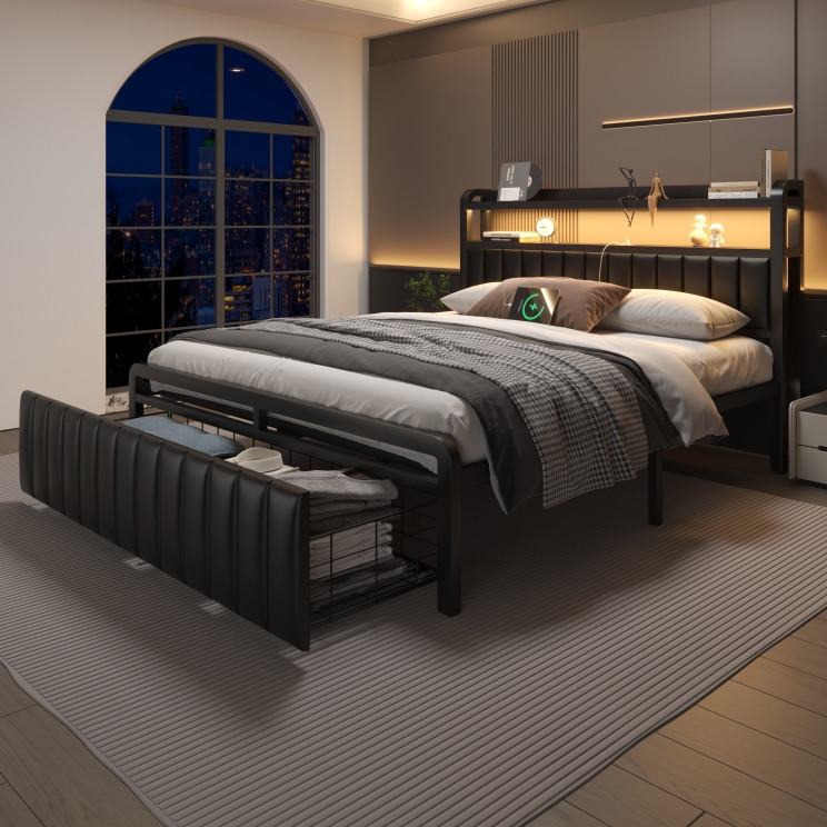 Full/Queen Size Bed Frame with 2-Tier Storage Headboard and Storage Drawers