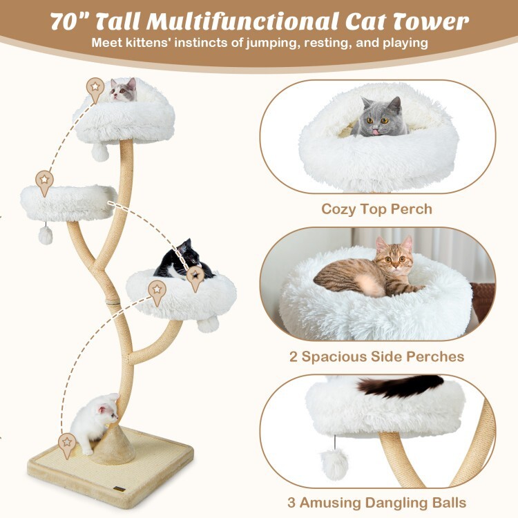 70" Tall Multifunctional Cat Tree Tower Scratching w/3 Perches & Dangling Balls