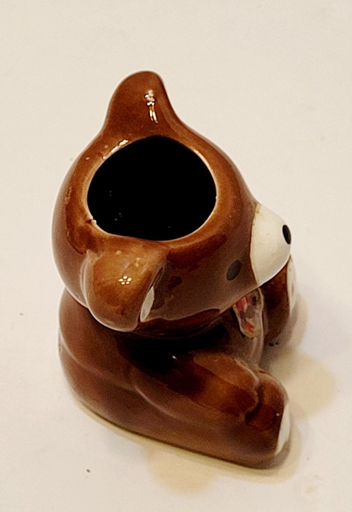 Vintage Ceramic Teddy Bear Toothpick Holder Brown 2" Tall