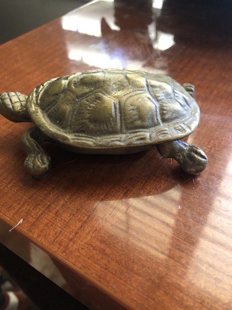 Vintage Original  Hinged Embossed Brass Turtle  Insect Match Holder / Ashtray
