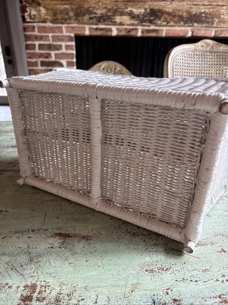 Vintage White Wicker Magazine Rack Storage Stand