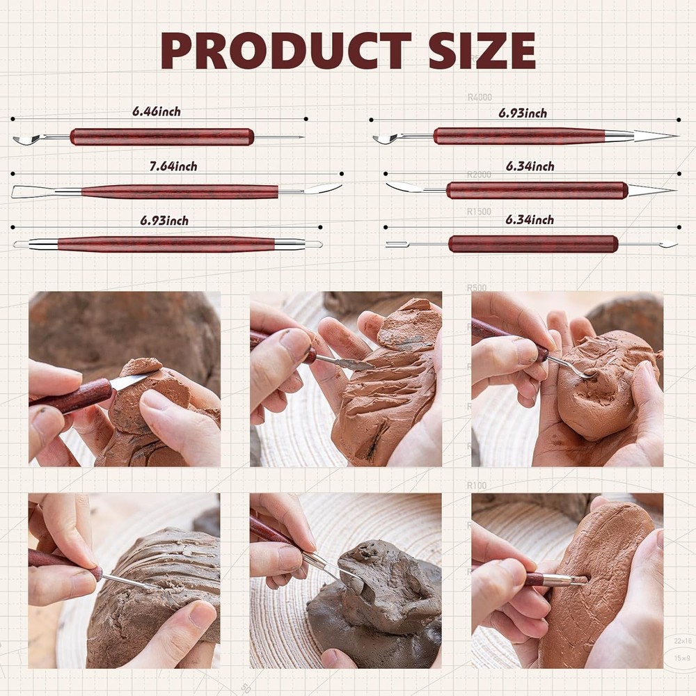 Clay Tools Sculpting, Double-Sided Polymer Carving Kit, Stained Wood