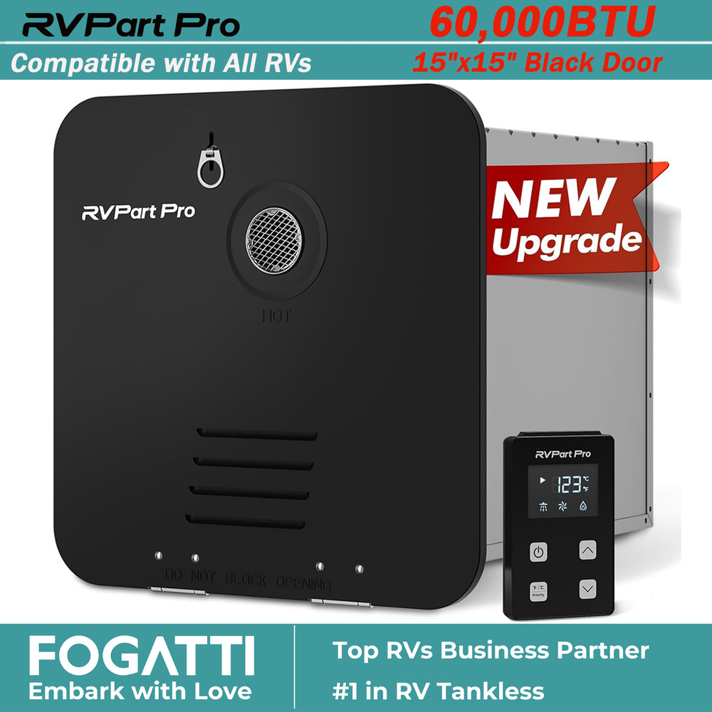 60,000 BTU RV Tankless Water Heater Propane Gas with 15x15 inchs Black Door 12V