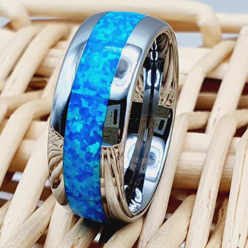 Silver Tungsten Dome Band Blue Opal Proposal Ring Men Ring Opal Engagement Ring