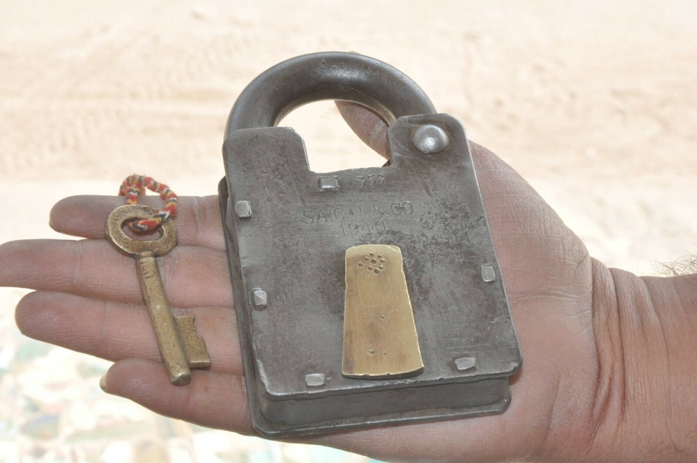 Vintage Iron Handcrafted Square Shape 1940 Saigal & Co. Solid Heavy Padlock