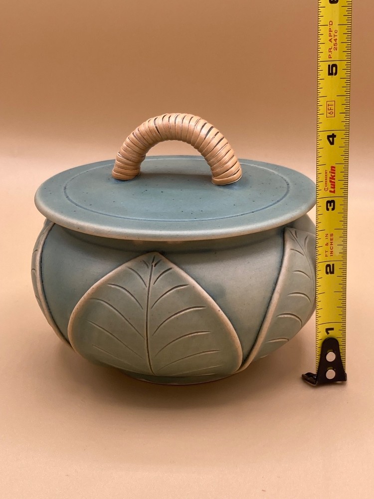 Lidded Ceramic Jar w/Rattan Crafted Handle Leaf Pattern