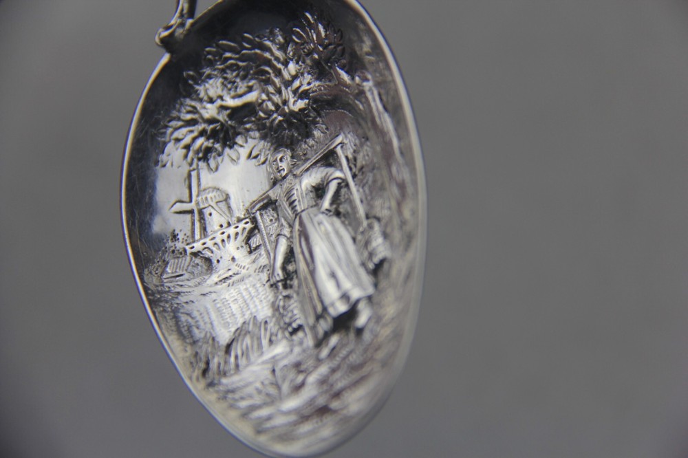 Antique Dutch Silver Spoon w/ Windmill Handle & Embossed Bowl