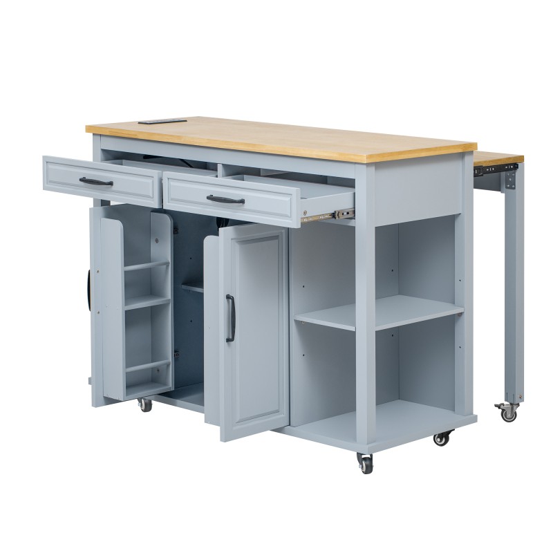 Kitchen Island with Extendable Dining Table, Rolling Wheels, Storage, Power