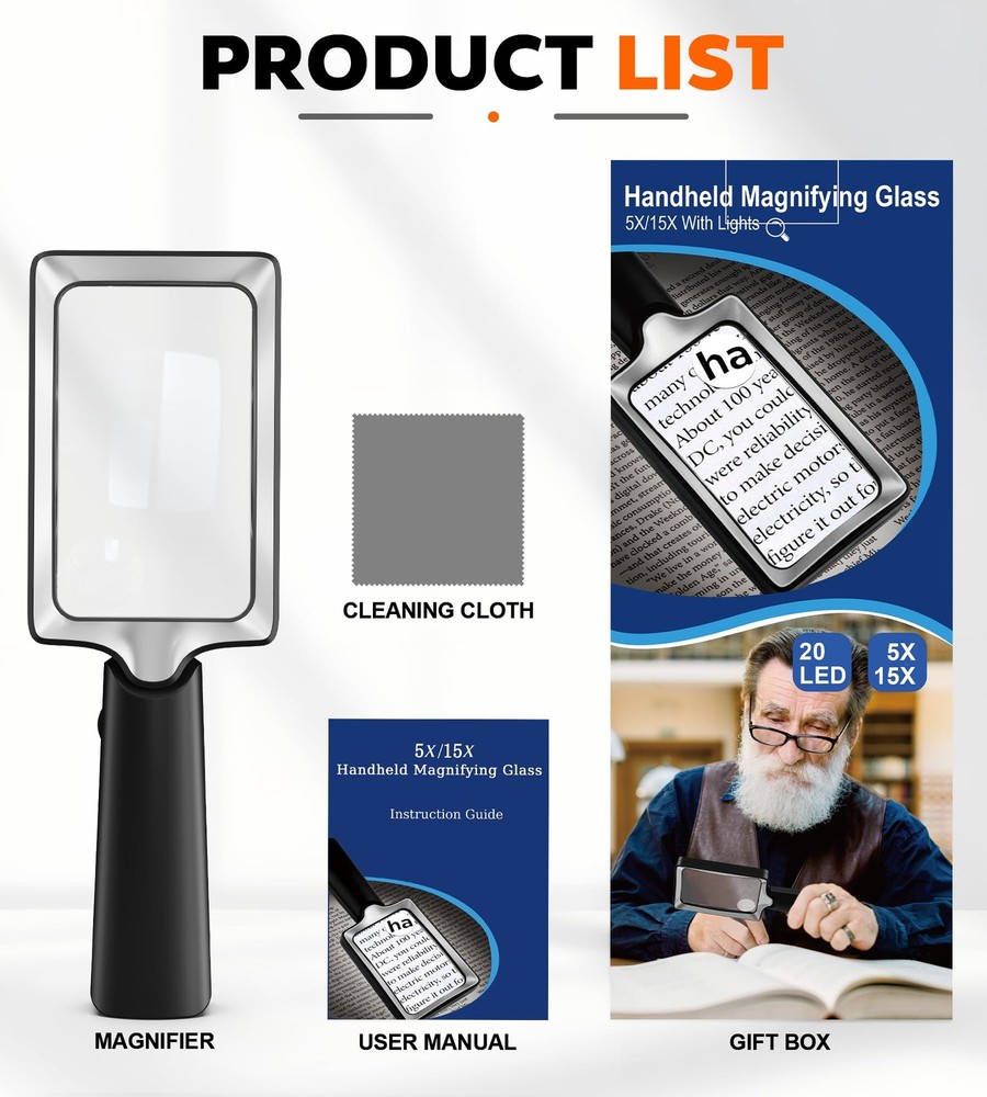 Magnifying Glass with Light, 20 Large Handheld Lighted Magnifier Rectangle Il...