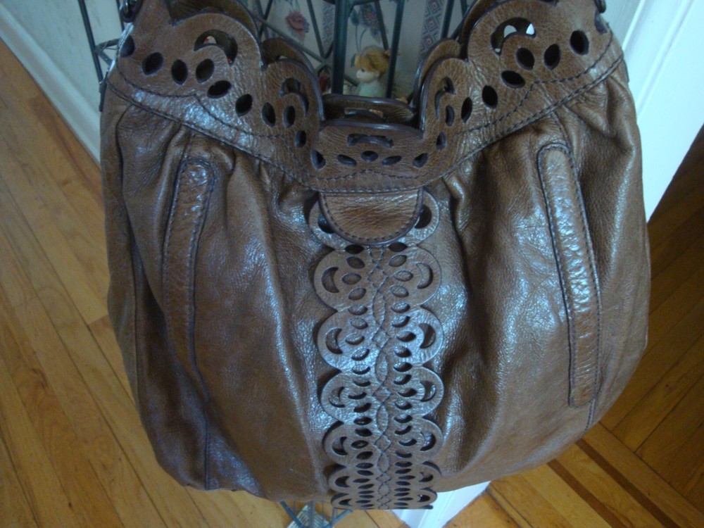 FAB LOCKHEART MOO1964 SOLID BROWN TOOLED LEATHER SHOULDER TOP HANDLE SATCHEL