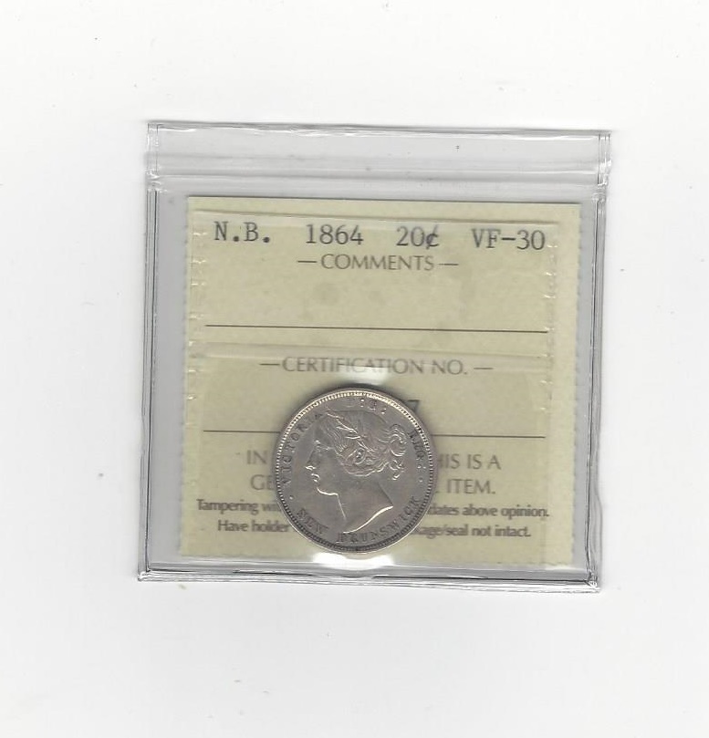 1864  ICCS Graded New Brunswick, 20 Cent, **VF-30**