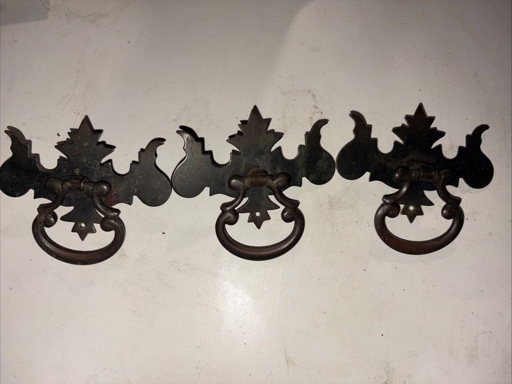 3 Antique Brass Shield Drop Handles Pulls 3”