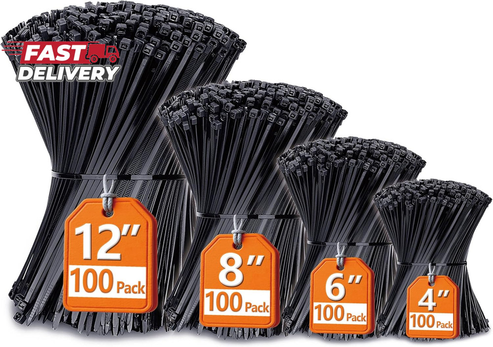 Zip Ties Assorted Sizes(4”+6”+8”+12”) 400 Pack Black Cable Ties  Wire Ties New