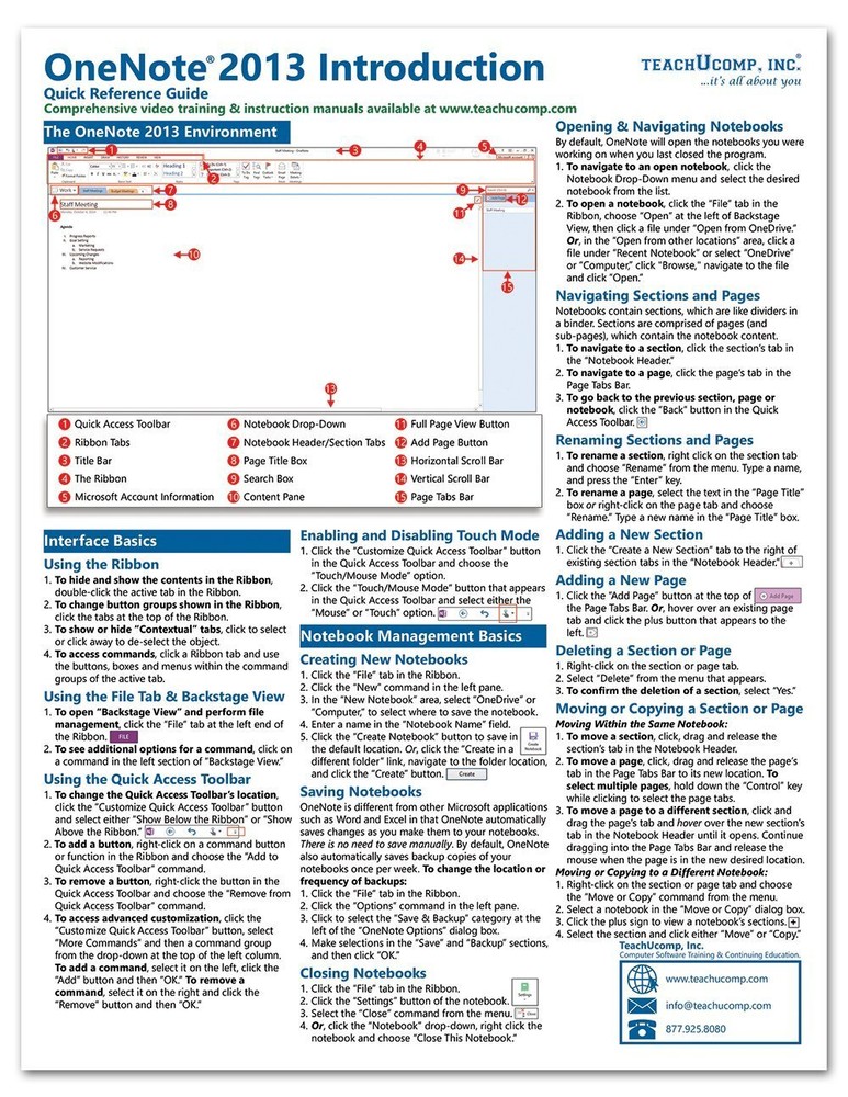 OneNote 2013 Training Guide Quick Reference Card 4 Page Cheat Sheet Instruction