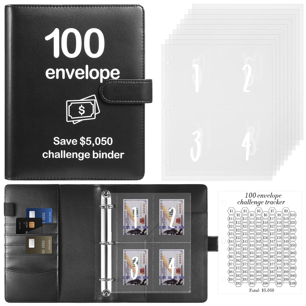 100 Envelopes Money Saving Challenge Binder with Laminated Tracker, Budget Bi...
