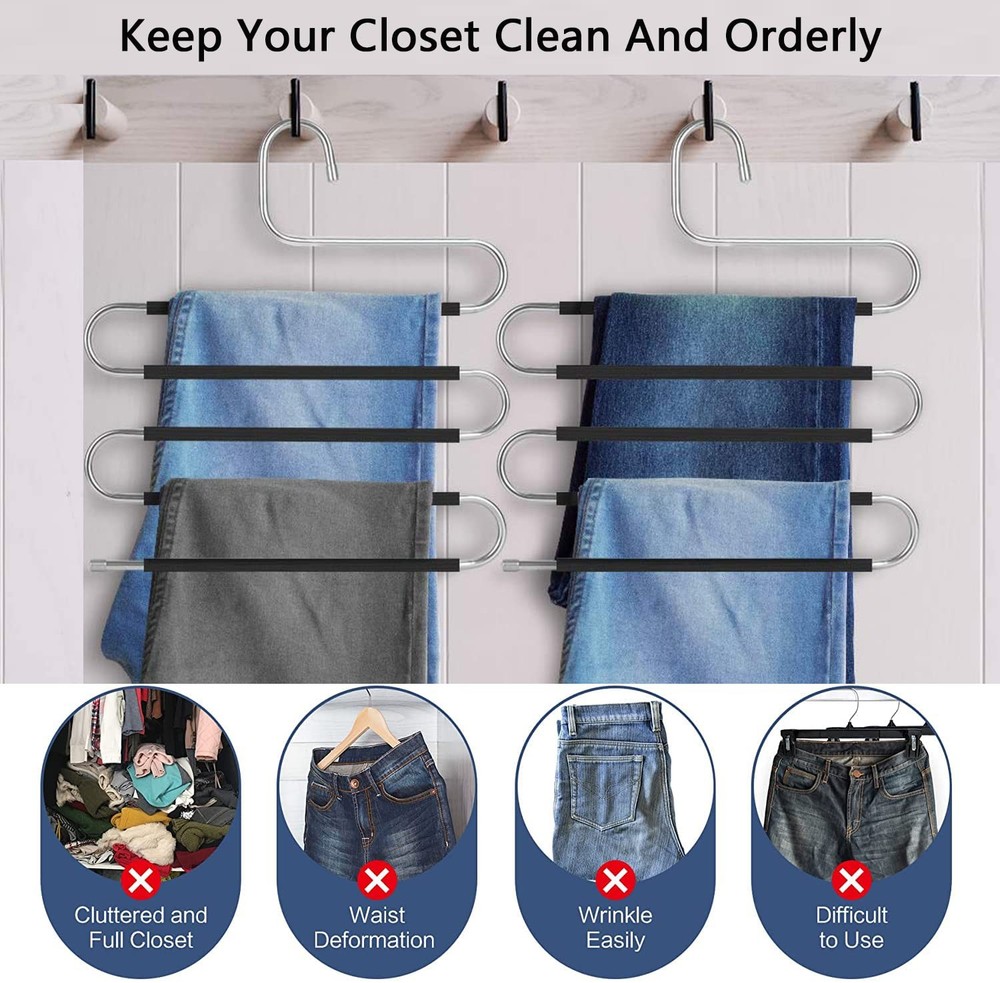 Skroad Pants Hangers Space Saving,2 Pack S-Type 2 Pack, Classic Silver/Black