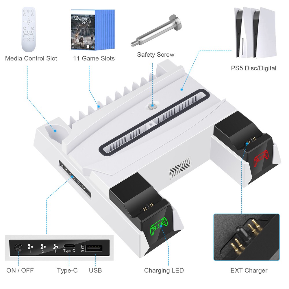 For PS5 Vertical Stand Cooling Fan Controller Charging Station Dock PlayStation5