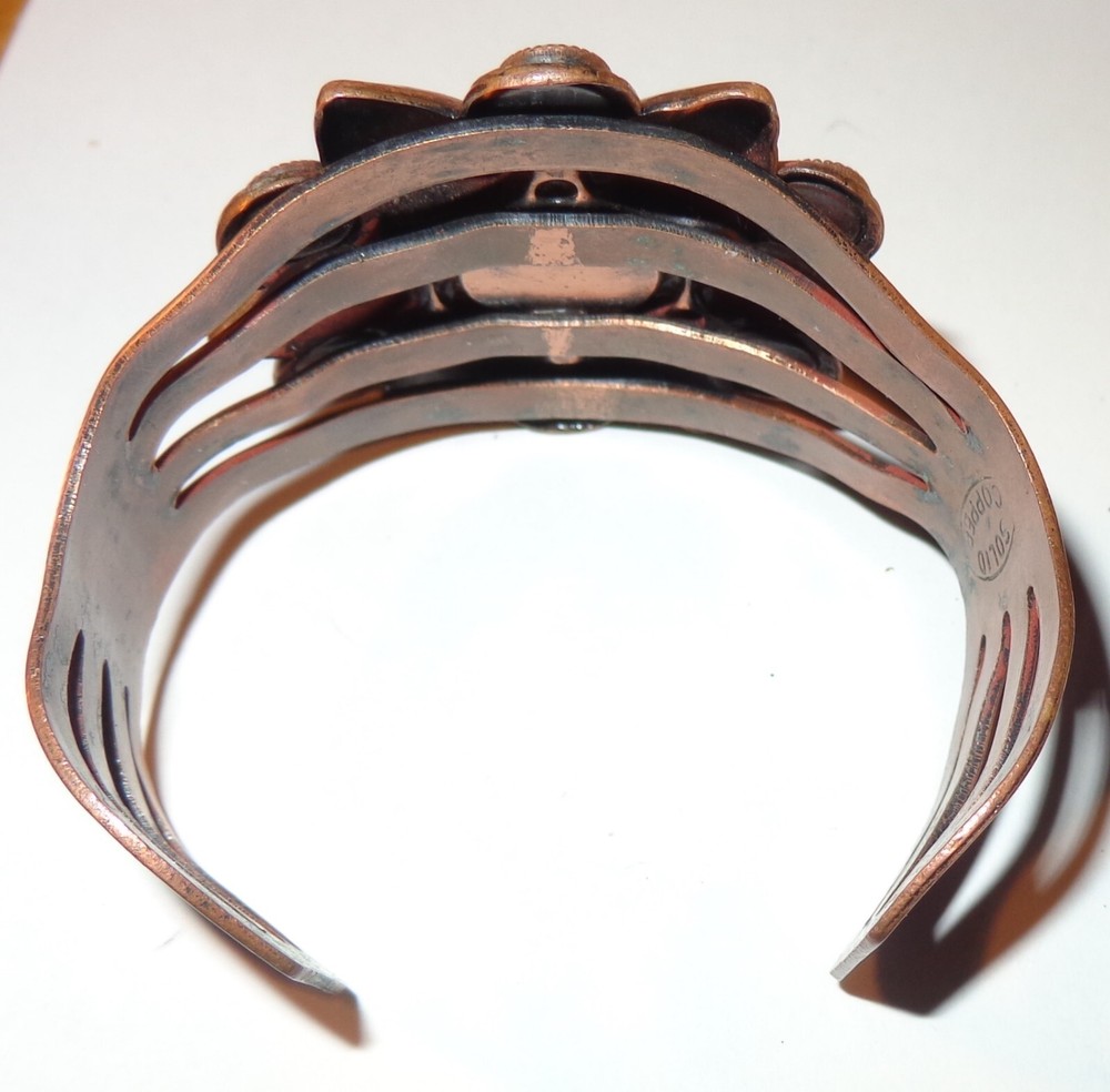 2 Vintage COPPER BRACELETS STATEMENT TURQUOISE?? BLUE STONES & NARROW BANGLE