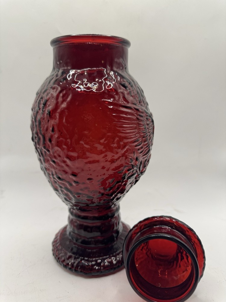 Vintage Ruby Red Eagle Pattern Pressed Glass Lidded Compote Pedestal Candy Jar