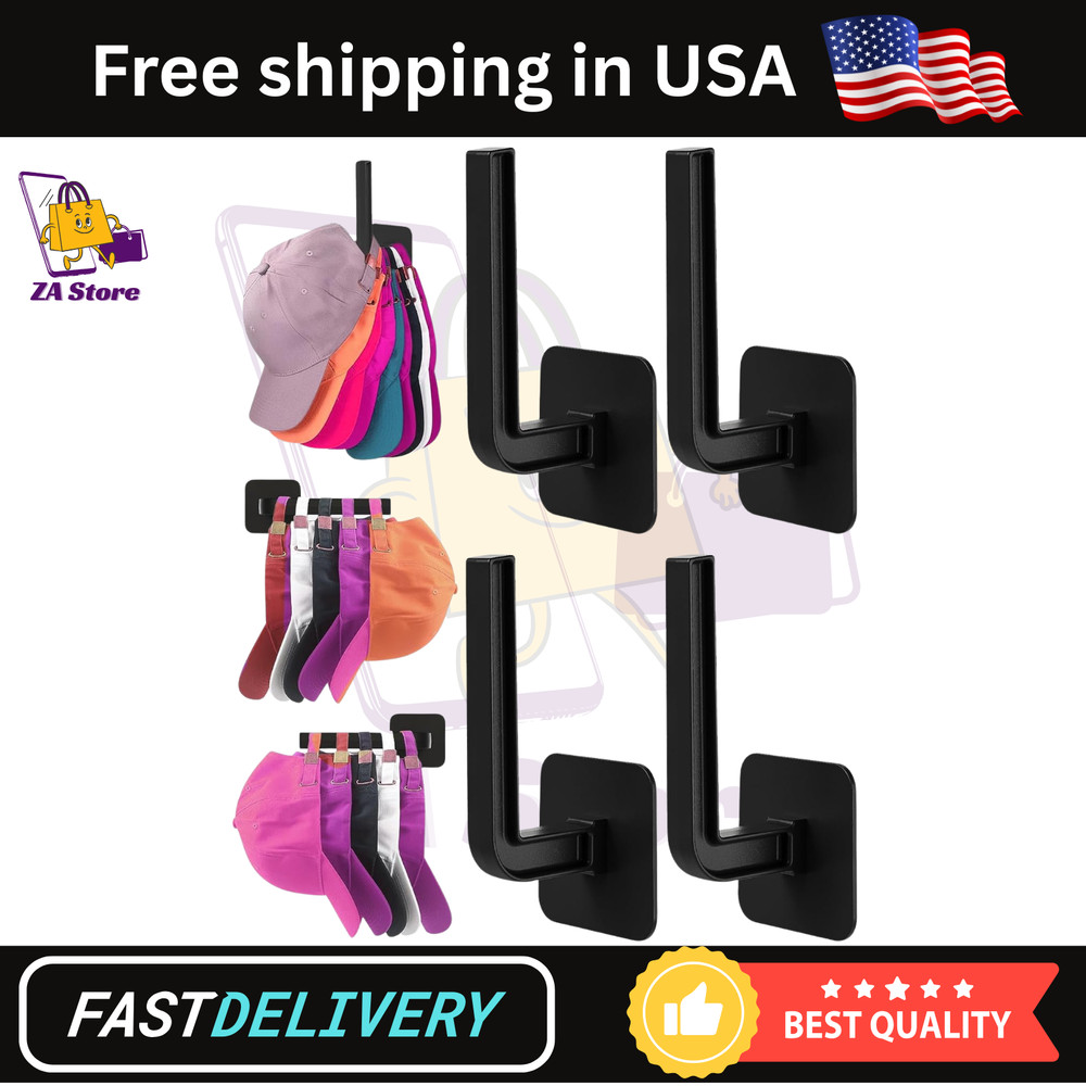 Hat Rack Wall Hooks 4 Pack Adhesive Organizer Baseball Cap Storage Holder Black