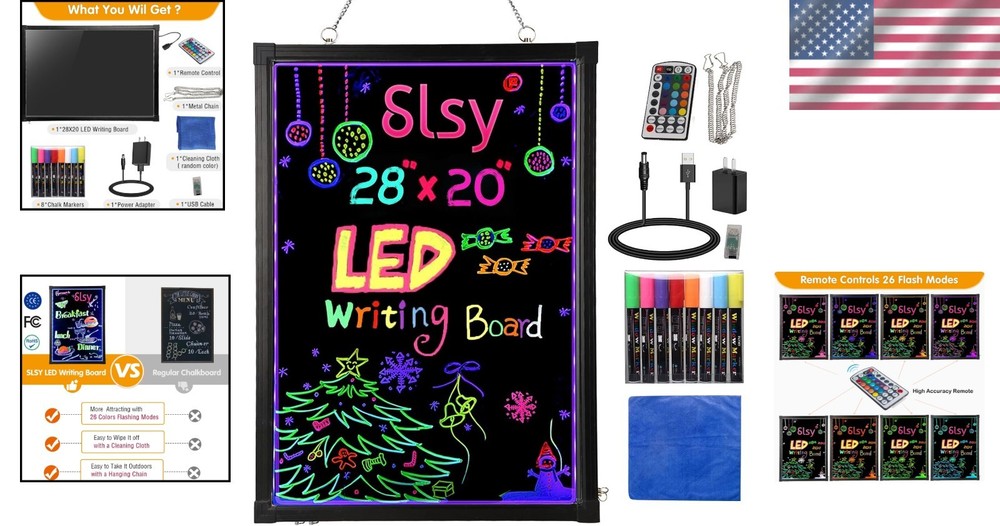Erasable Neon Effect LED Writing Board - Remote Control, 12 Colors, 28"x20"