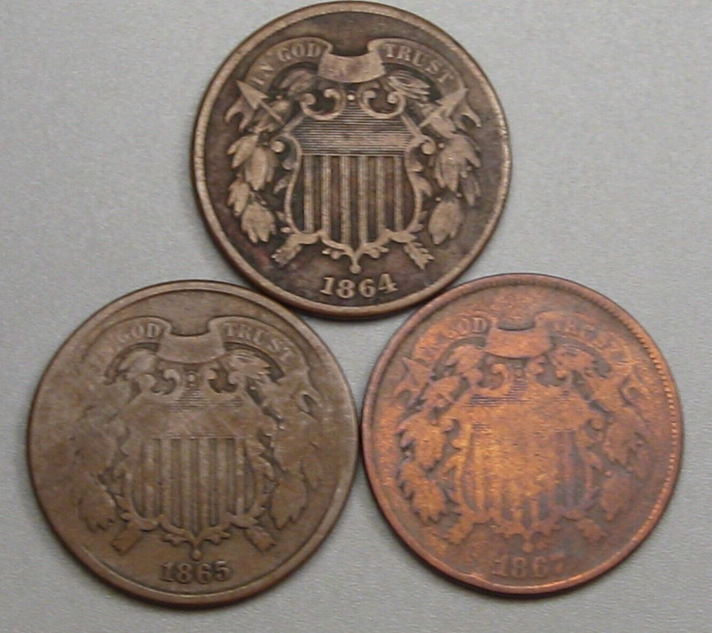 3-US 2¢ Two Cent Piece 1864, 1865, 1867.