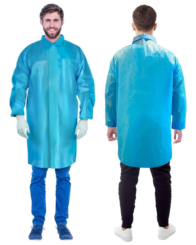 Blue Disposable Lab Coats PE Coated Hook and Loop 50 Count X-Large
