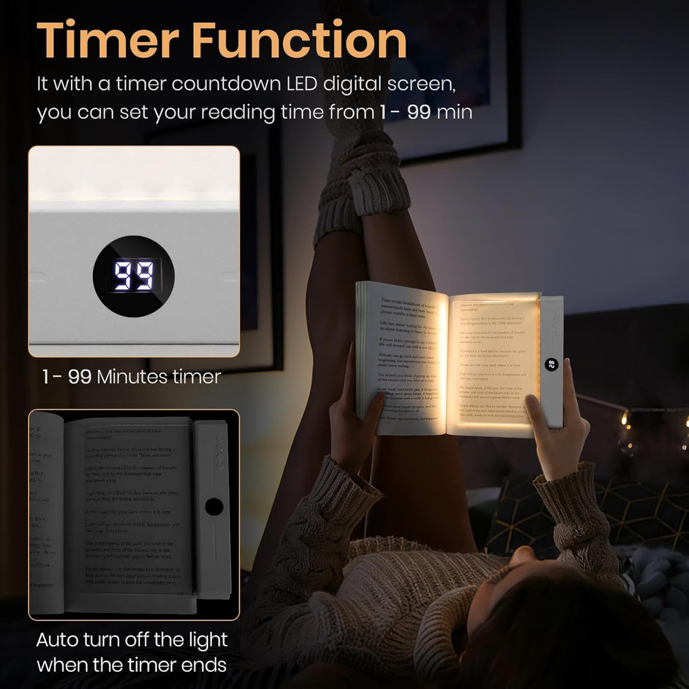 Smart Flat Book Light, Rechargeable Clear LED Reading Lamp with 3 Colors & Timer