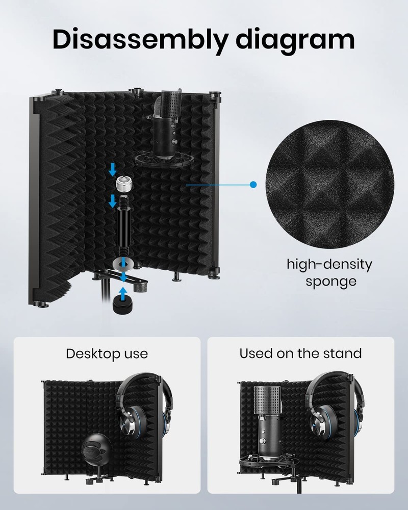Microphone Isolation Shield, Foldable Mic Shield with Triple Sound Insulation...