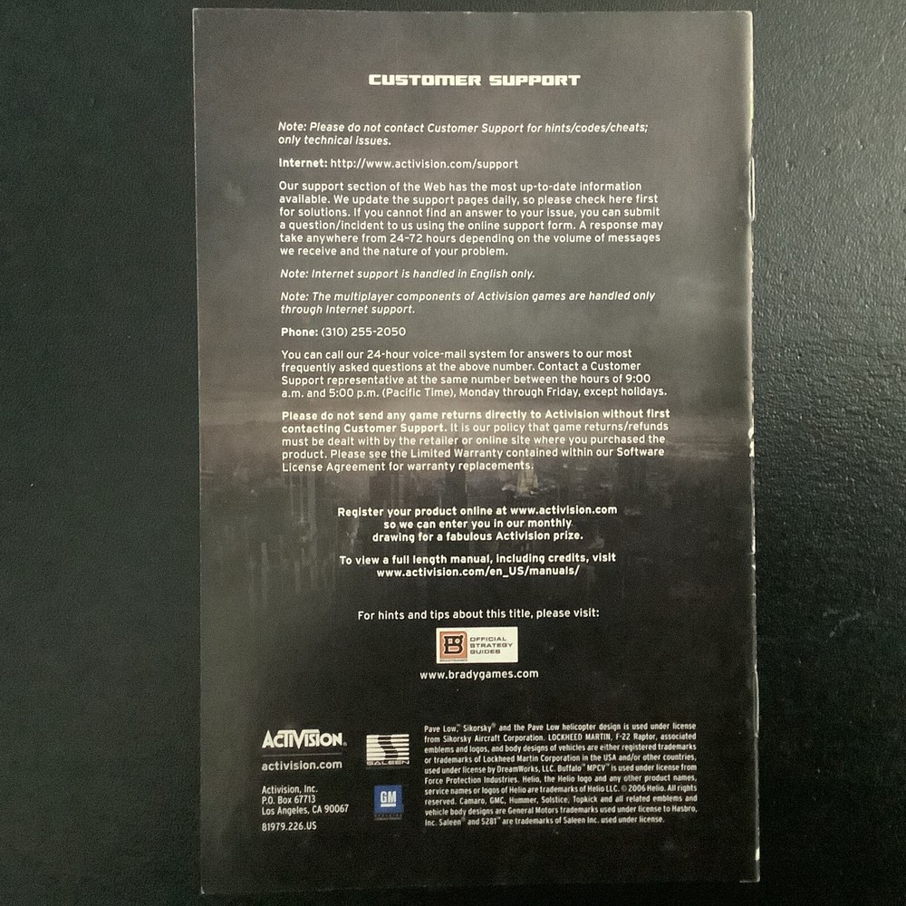 Transformers: The Game Microsoft Xbox 360 Instruction Manual Only