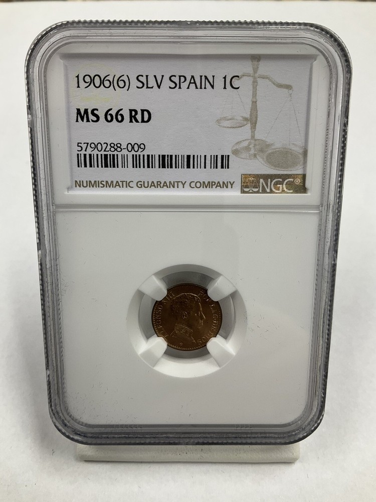 1906 (6) SLV Spain 1 Centimo NGC MS66 RD Pop 4