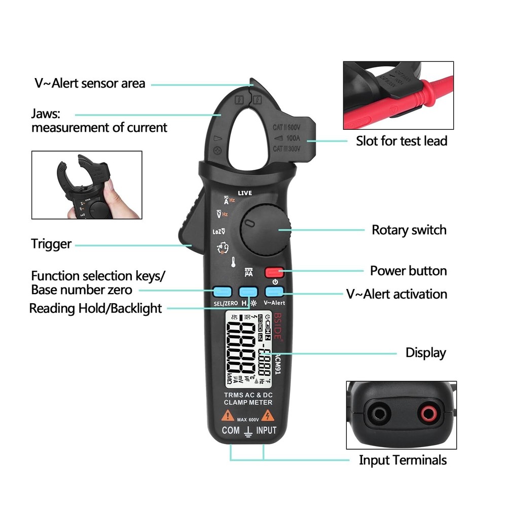 BSIDE ACM91 Digital Clamp Meter 1mA AC/DC Current True RMS Auto-Ranging 6000 ...
