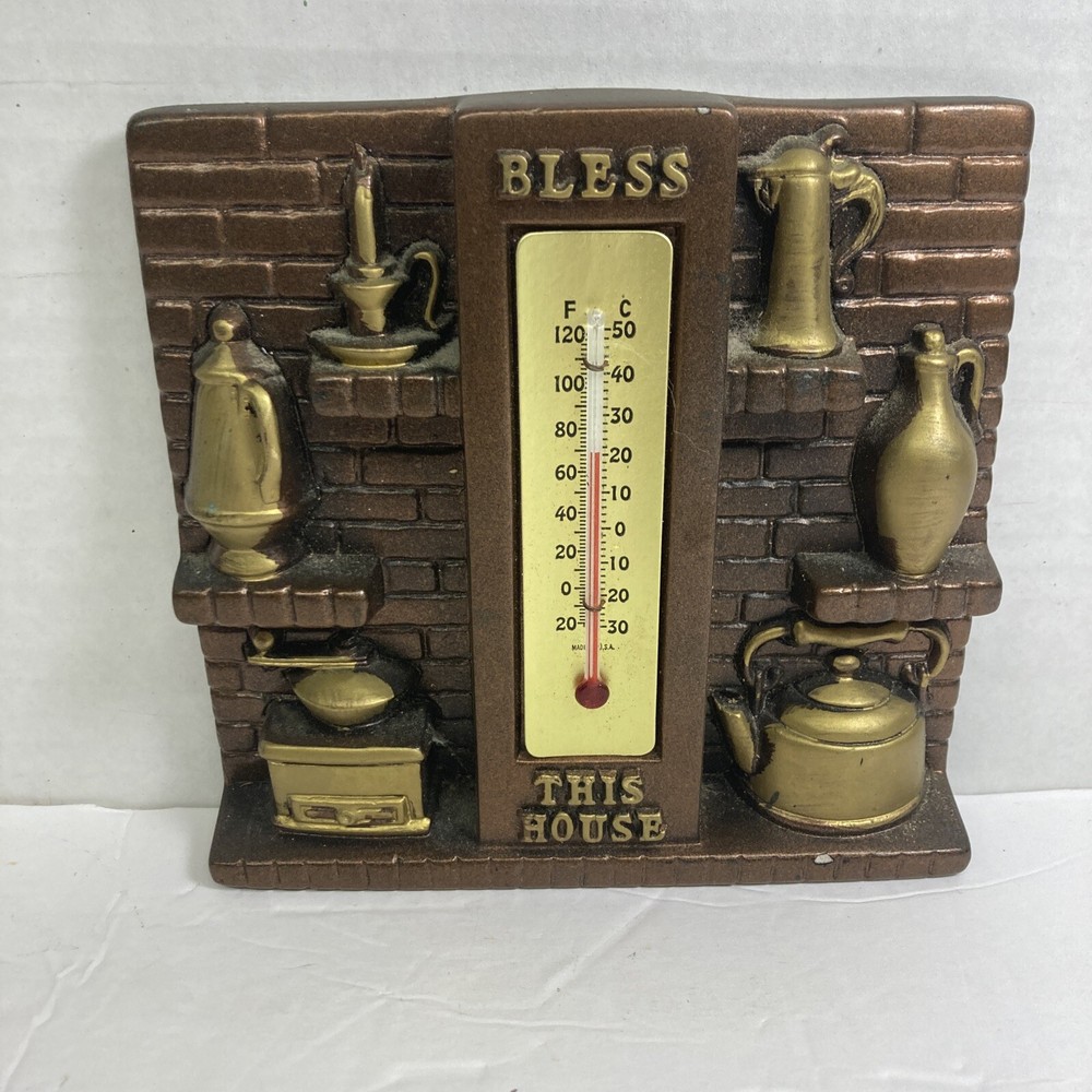 PRISTINE 1975 MILLER STUDIO CHALKWARE BLESS THIS HOUSE THERMOMETER