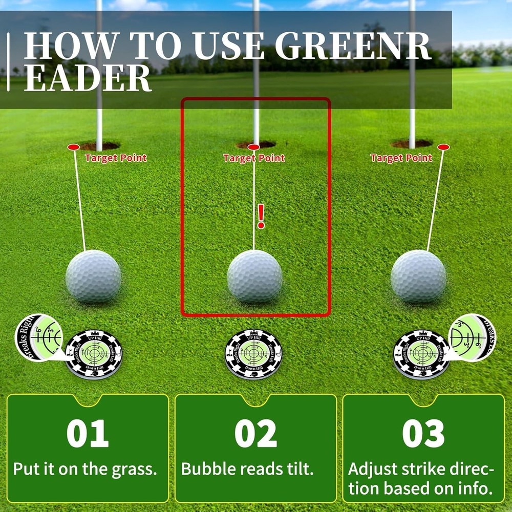 Golf Ball Marker Hat Clip 2 Pack Green Reader Bubble Level Putting Training Aid