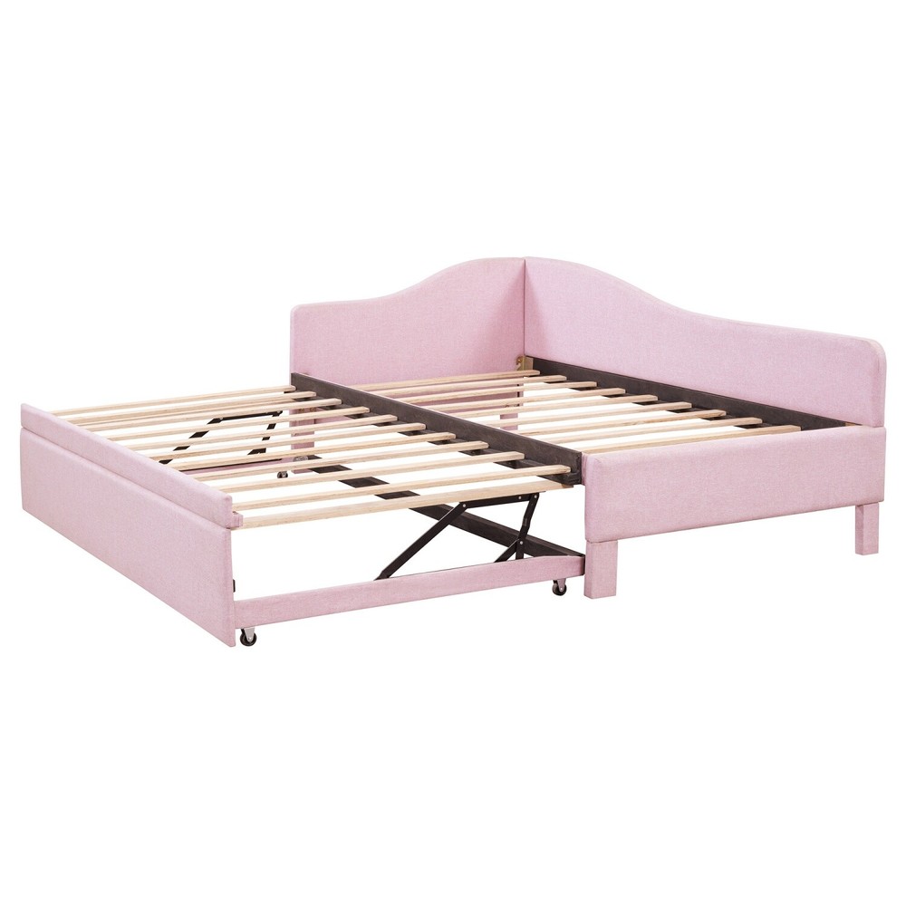 Twin Size Daybed Linen Upholstered Bed Frame Sofa Bed w/ Pull Out Trundle Bed