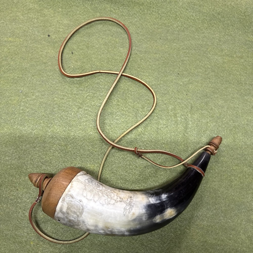 Scrimshaw Muzzleloading Black Powder Powder Horn With Leather Strap