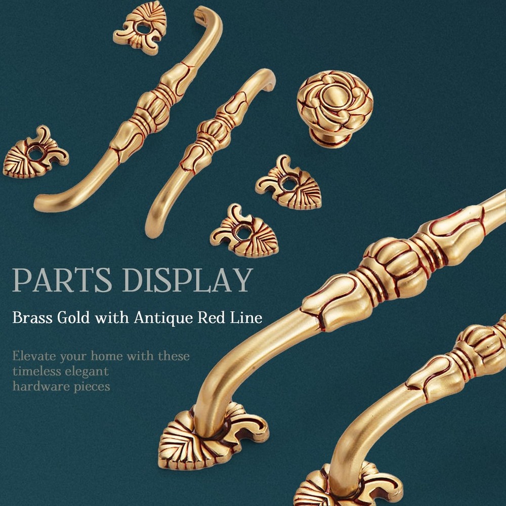 2 Pack 3-3/4” Brass Cabinet Pulls Antique Floral Pattern Cupboard Handle D