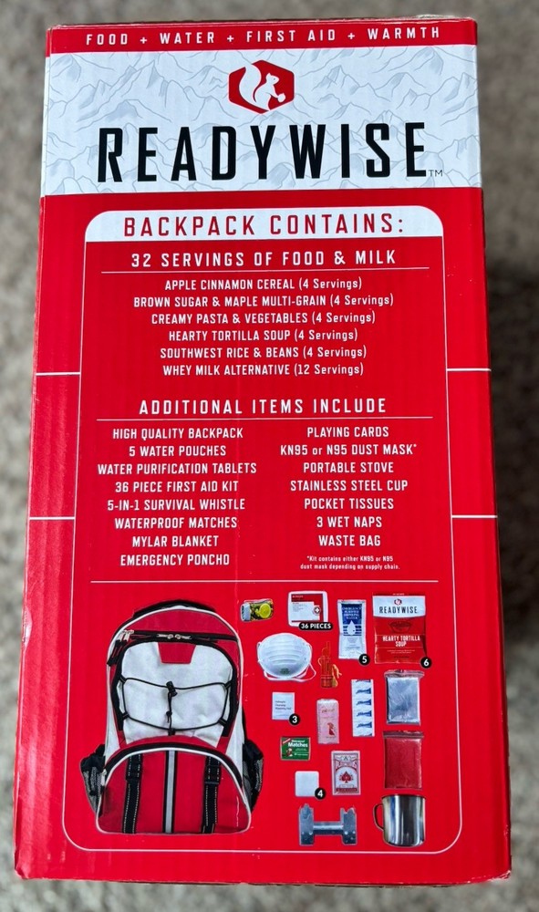 ReadyWise Red White Emergency Survival Backpack (64 piece) open box