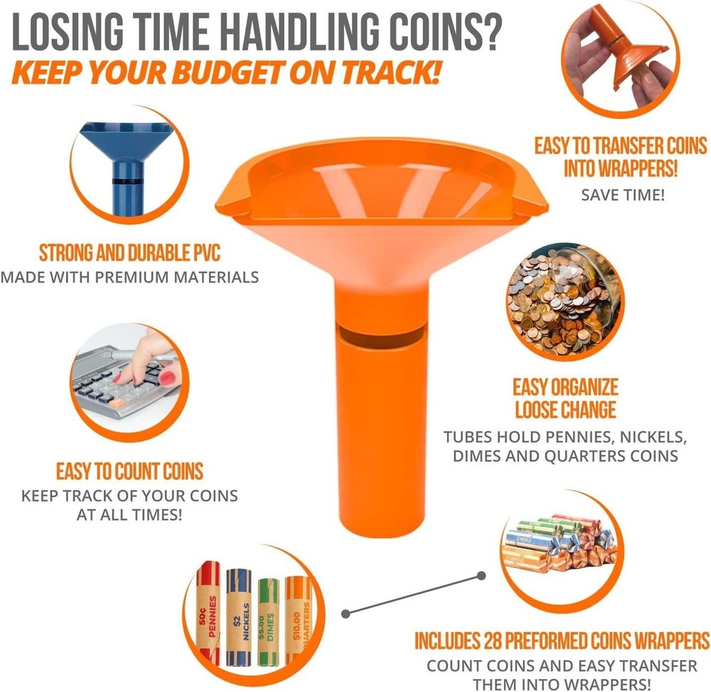 Effortless Coin Sorting – 4 Color Coded Tubes & 28 Preformed Wrappers Set