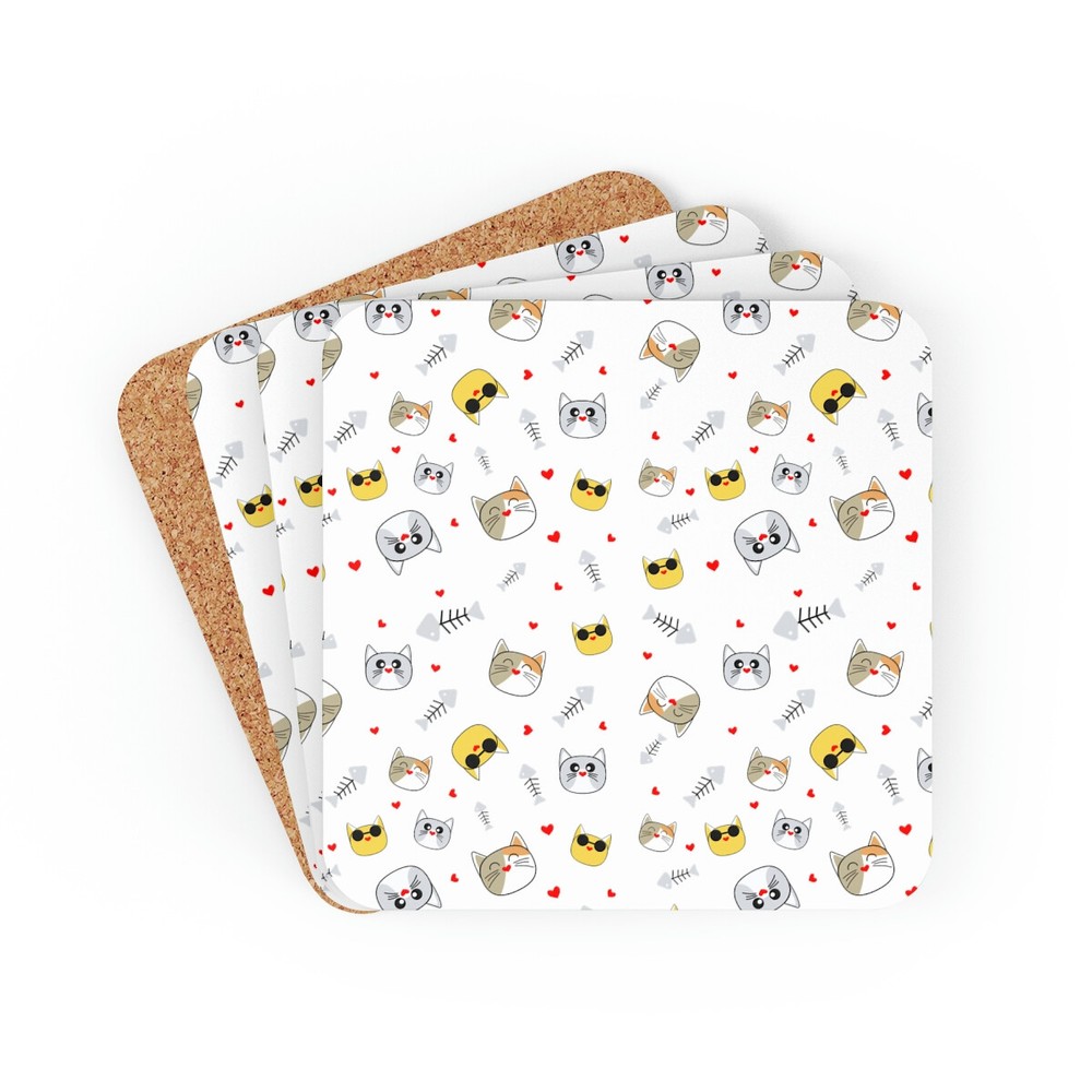 Corkwood Coaster Set- cat_face_pattern