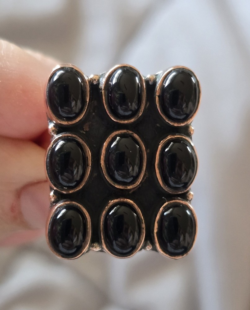 Black Onyx Square Grid Pattern Ring In Copper